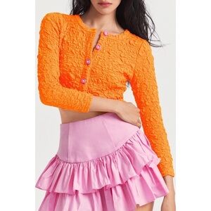 LoveShackFancy Senina Textured Crop Cardigan Bright Orange Size M New